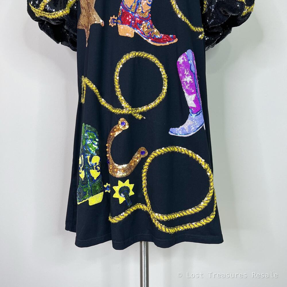 Queen of Sparkles | Cowgirl Western Rodeo Black Sequin Puff Sleeve Mini Dress L - Picture 4 of 12